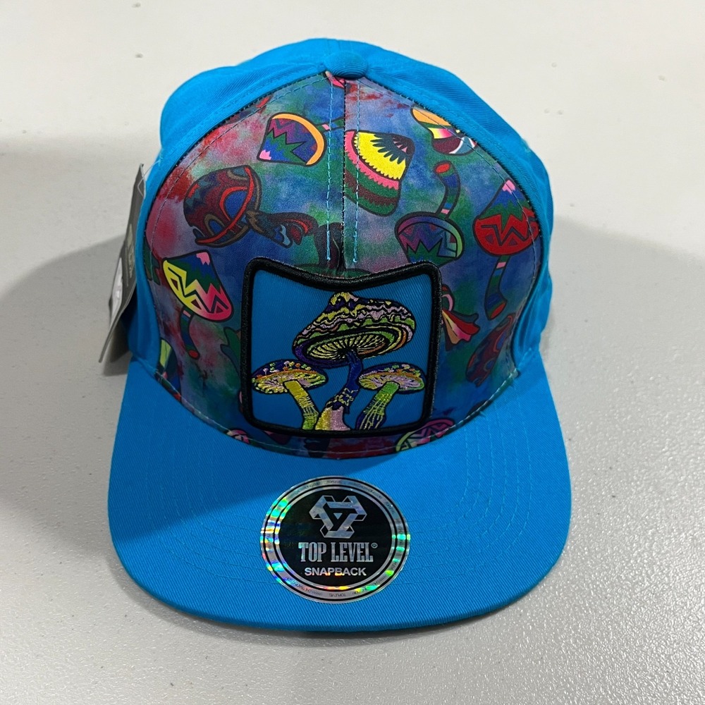 Top Level Hat Psychedelic Mushroom Patch Logo Snapback One Size Blue‎ Y2K Aqua